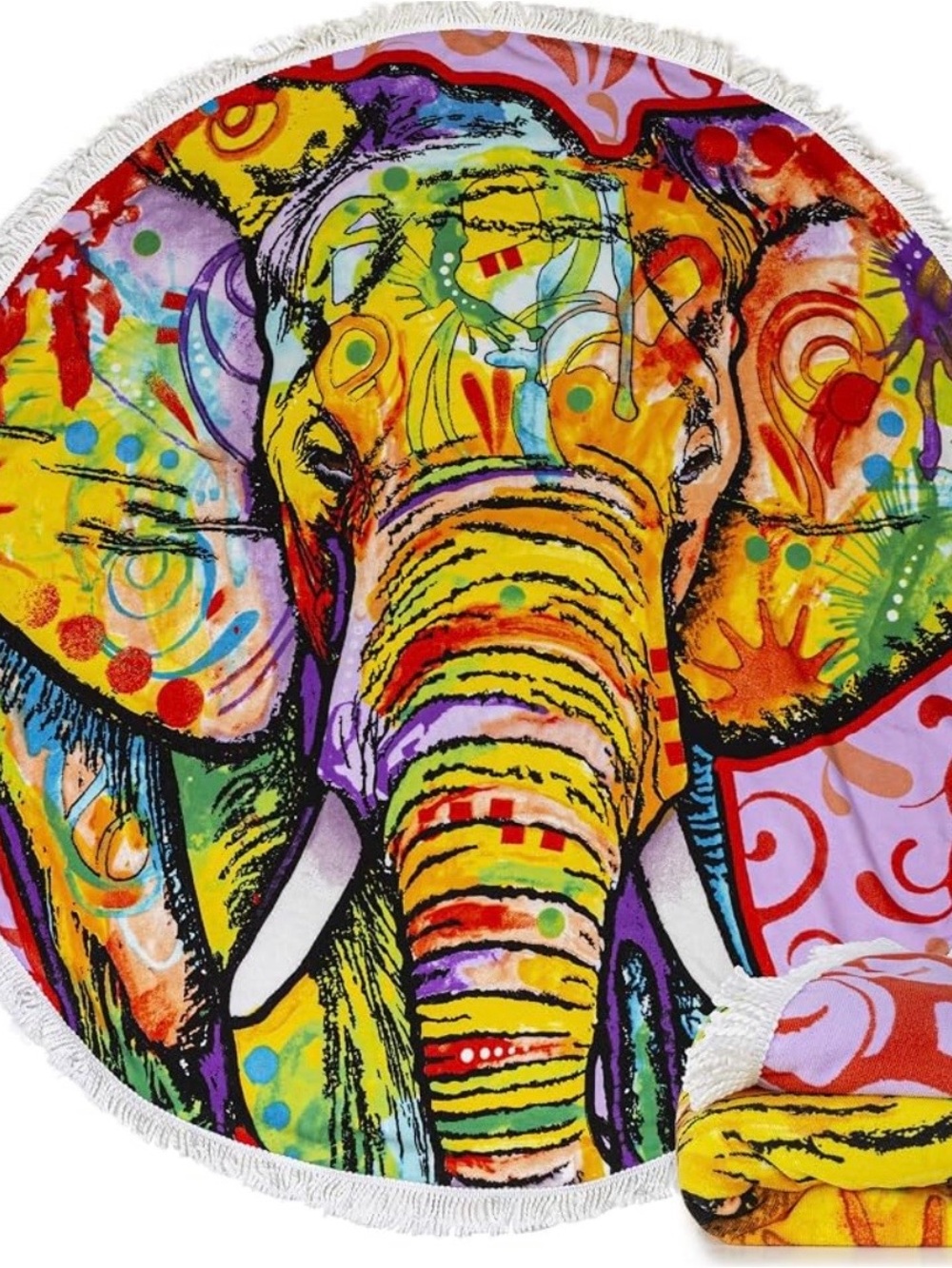 Colorful Elephant Round Beach Towel - Vibrant Multicolor